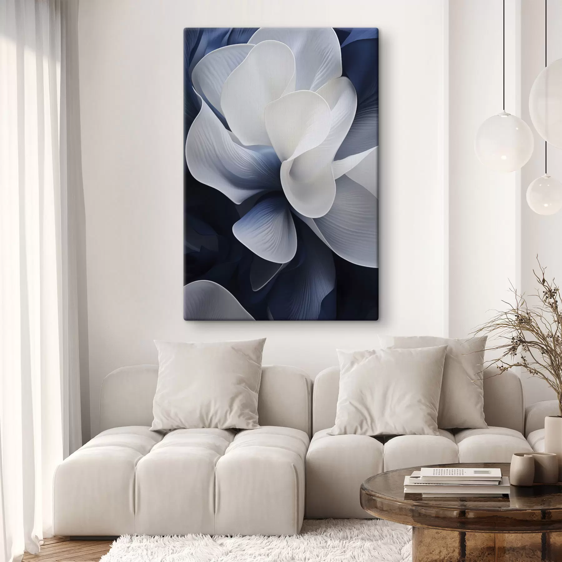 murales de pared Pétalos de flores abstractos en azul y blanco sobre fondo oscuro s48732