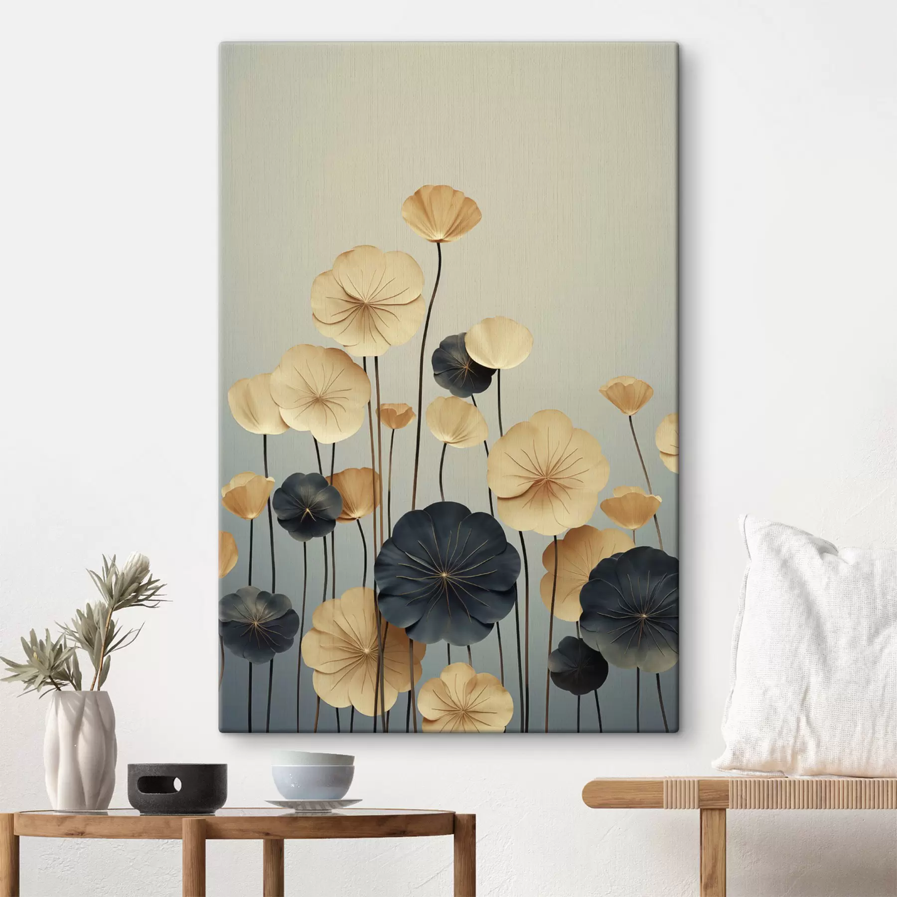 murales de pared Hojas de nenúfar sobre un fondo en tonos apagados de beige y azul oscuro s48734