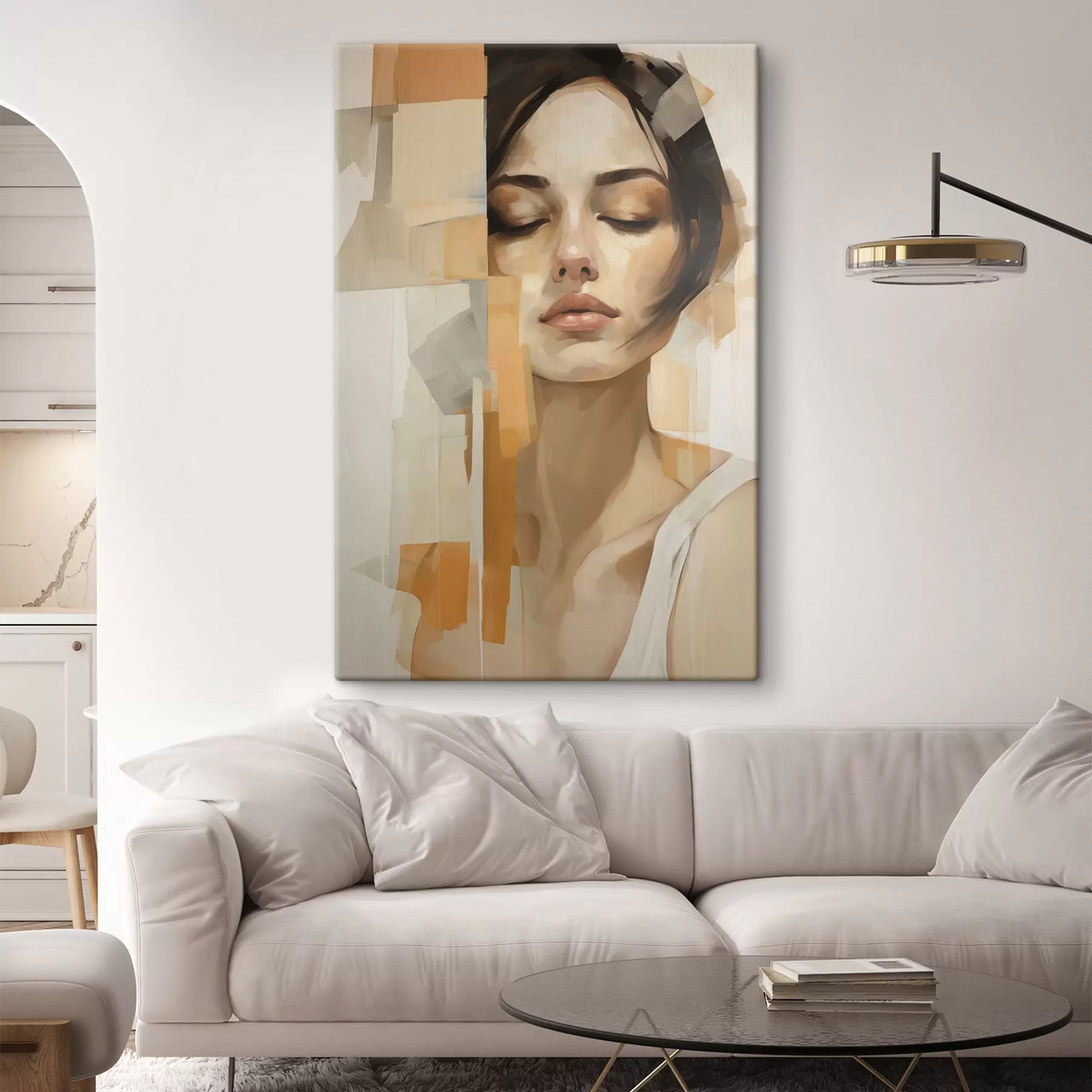 murales de pared Retrato abstracto de una mujer con formas naranjas y beige s48736