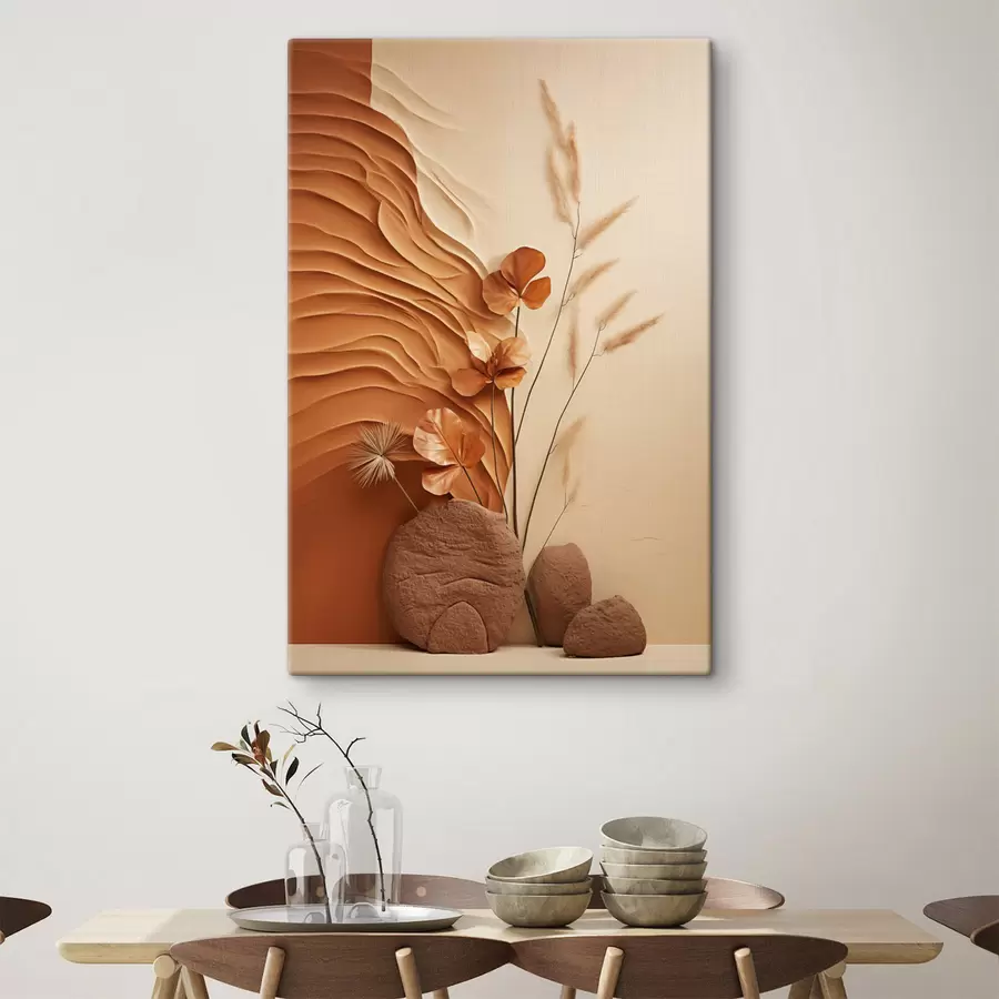 murales de pared Una obra de arte minimalista con flores secas y hierba de la pampa, sobre un fondo texturizado s48739