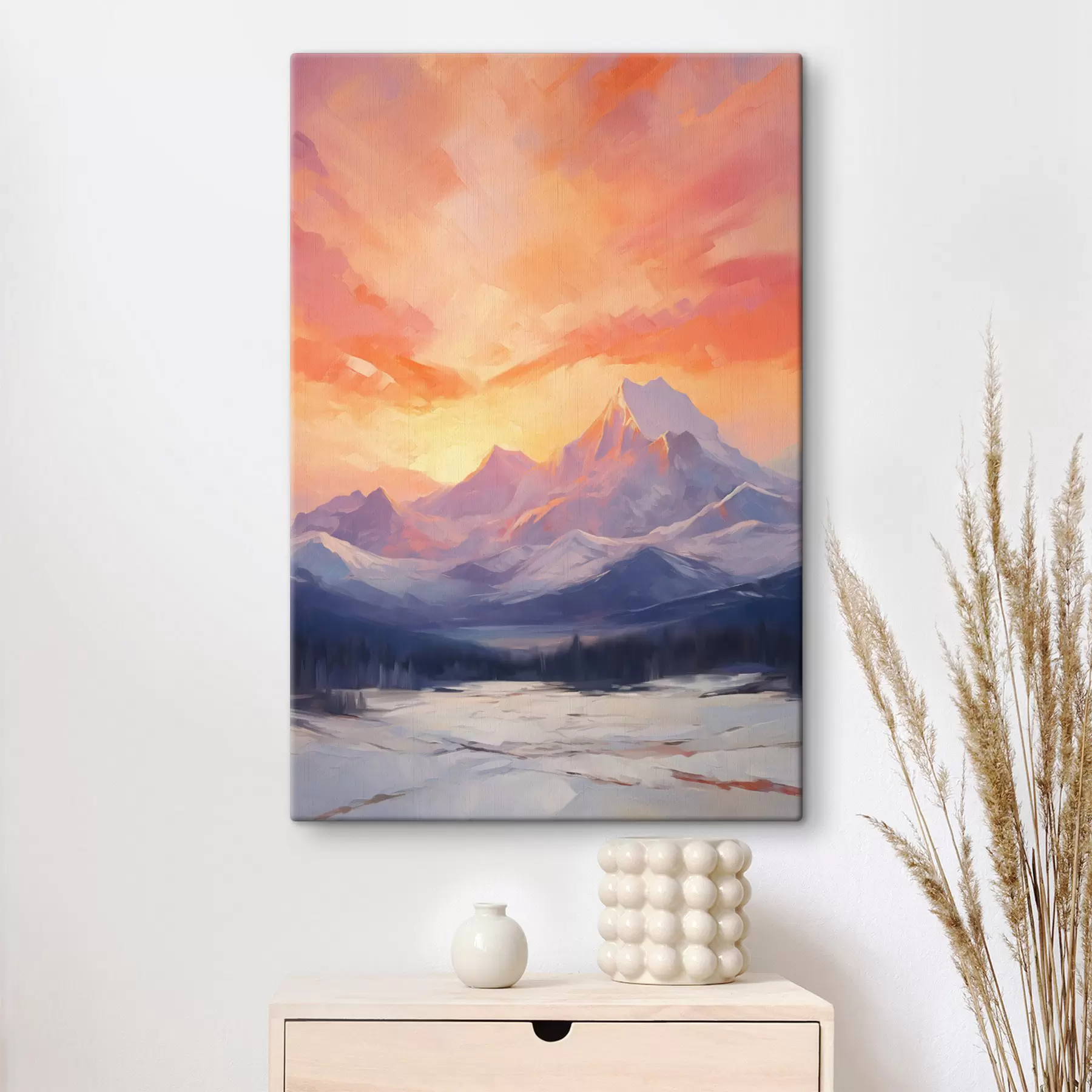 murales de pared Montañas nevadas bajo un cielo de vivos tonos naranjas y rosas salpicado de nubes s48741