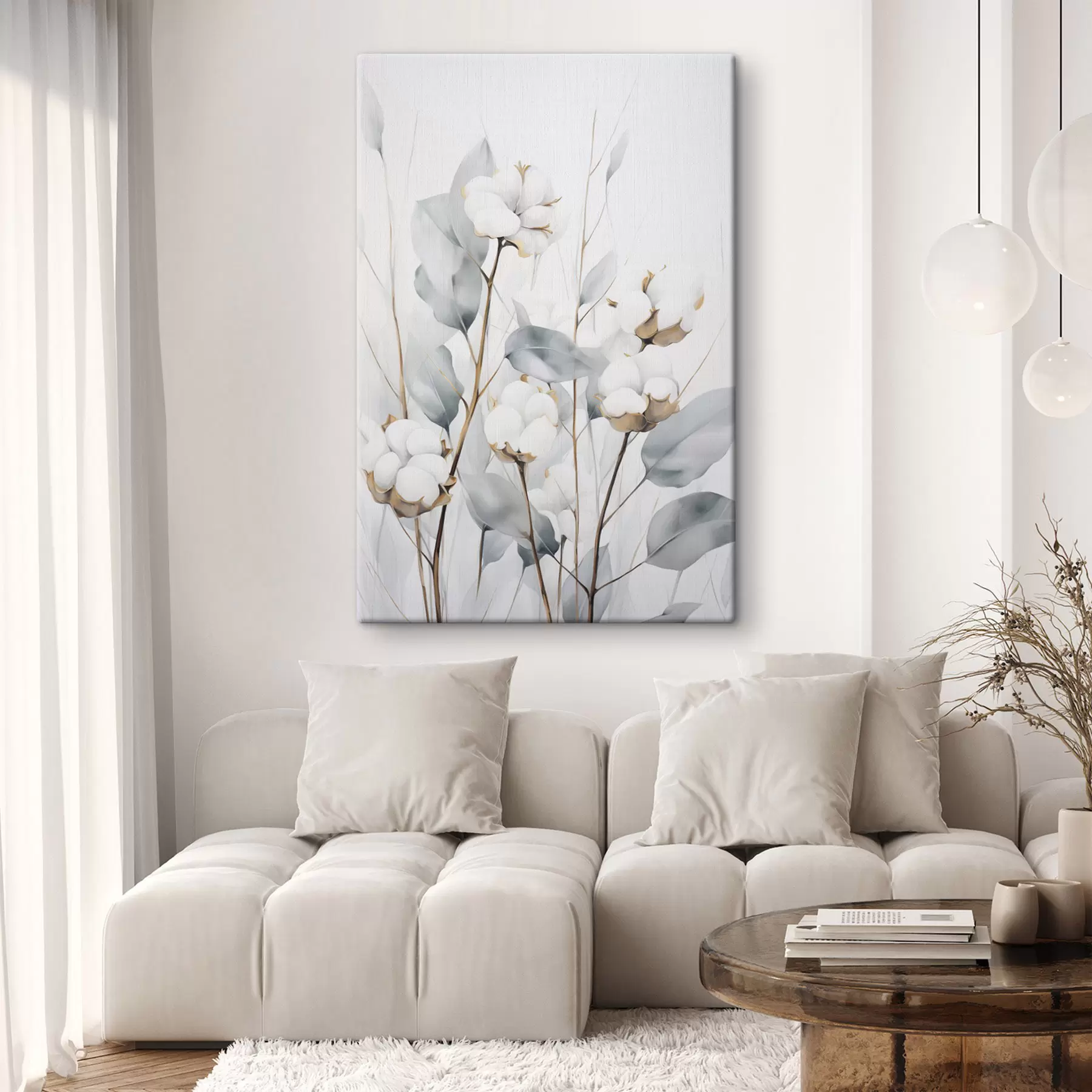 murales de pared Planta de algodón blanca con hojas de color azul verdoso pálido sobre un fondo claro s48743