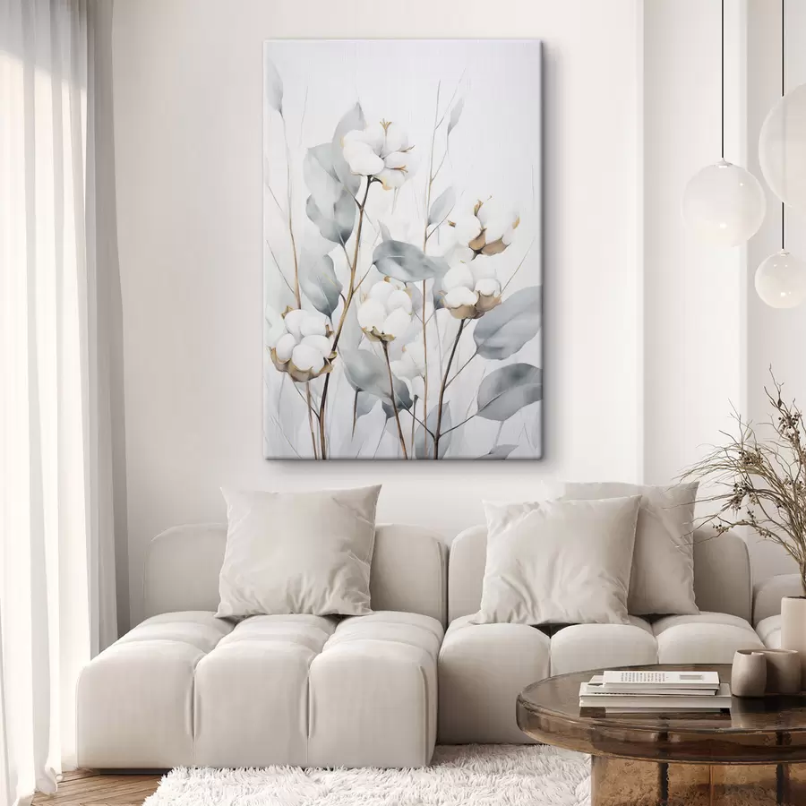 murales de pared Planta de algodón blanca con hojas de color azul verdoso pálido sobre un fondo claro s48743