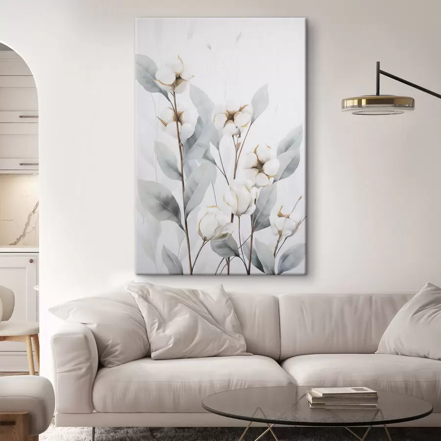 murales de pared Planta de algodón blanca con hojas de color azul verdoso pálido sobre un fondo claro s48744