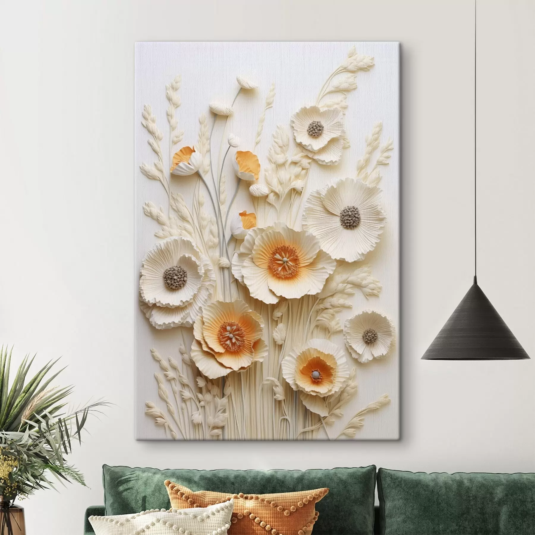 murales de pared Un ramo de amapolas de color crema y naranja con tallos de trigo secos s48747