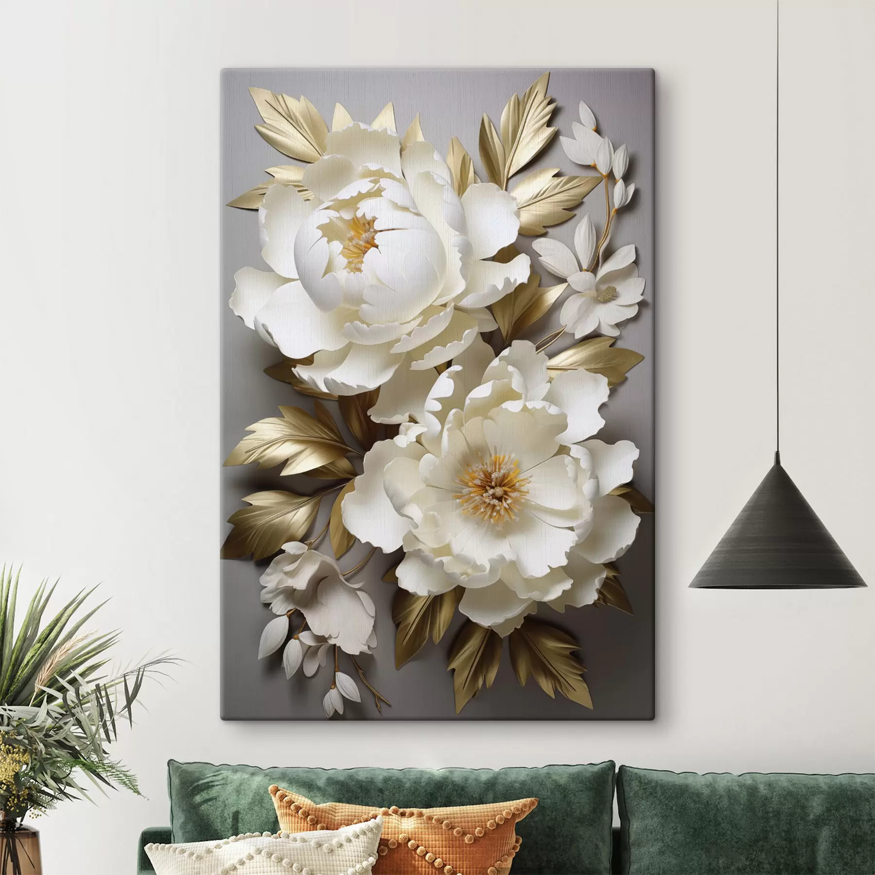 murales de pared Grandes peonías blancas con hojas amarillas sobre un fondo gris s48753