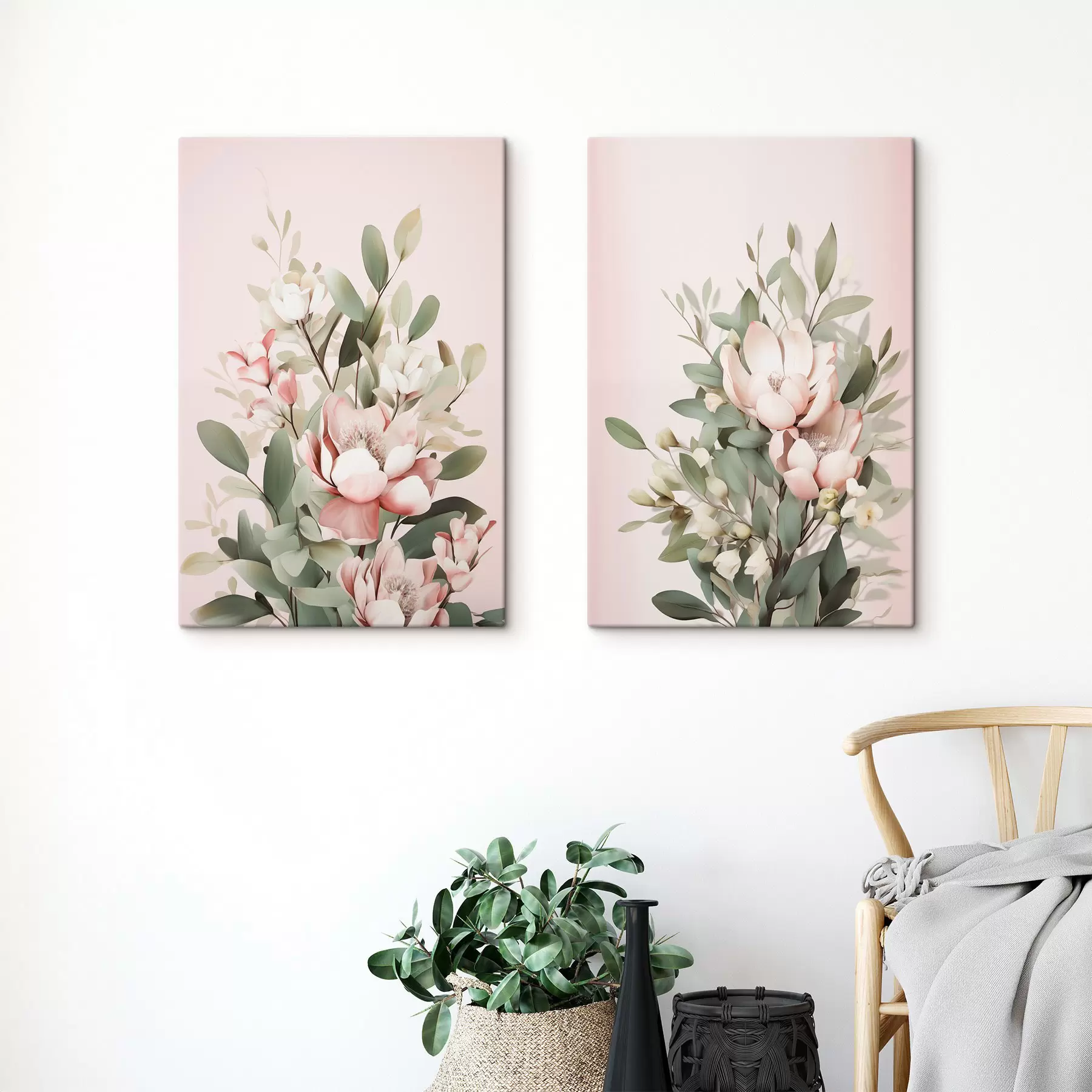 murales de pared Un ramo de flores en tonos pastel con hojas de eucalipto, sobre un fondo rosa pálido m30314