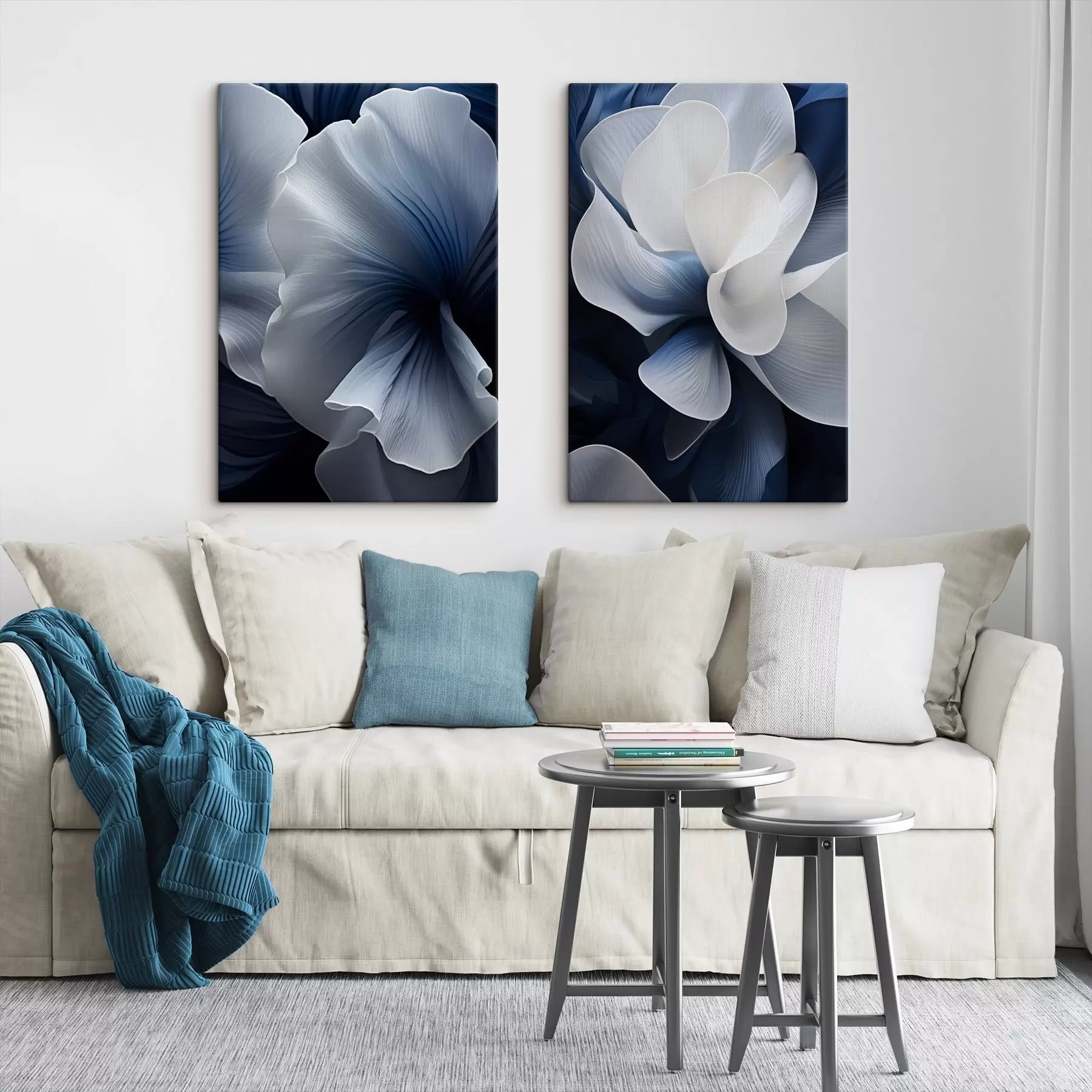 murales de pared Pétalos de flores abstractos en azul y blanco sobre fondo oscuro m30316