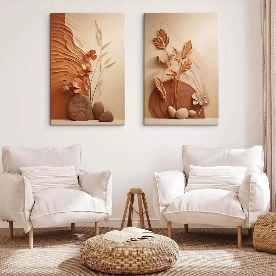 murales de pared Una obra de arte minimalista con flores secas y hierba de la pampa, sobre un fondo texturizado m30320