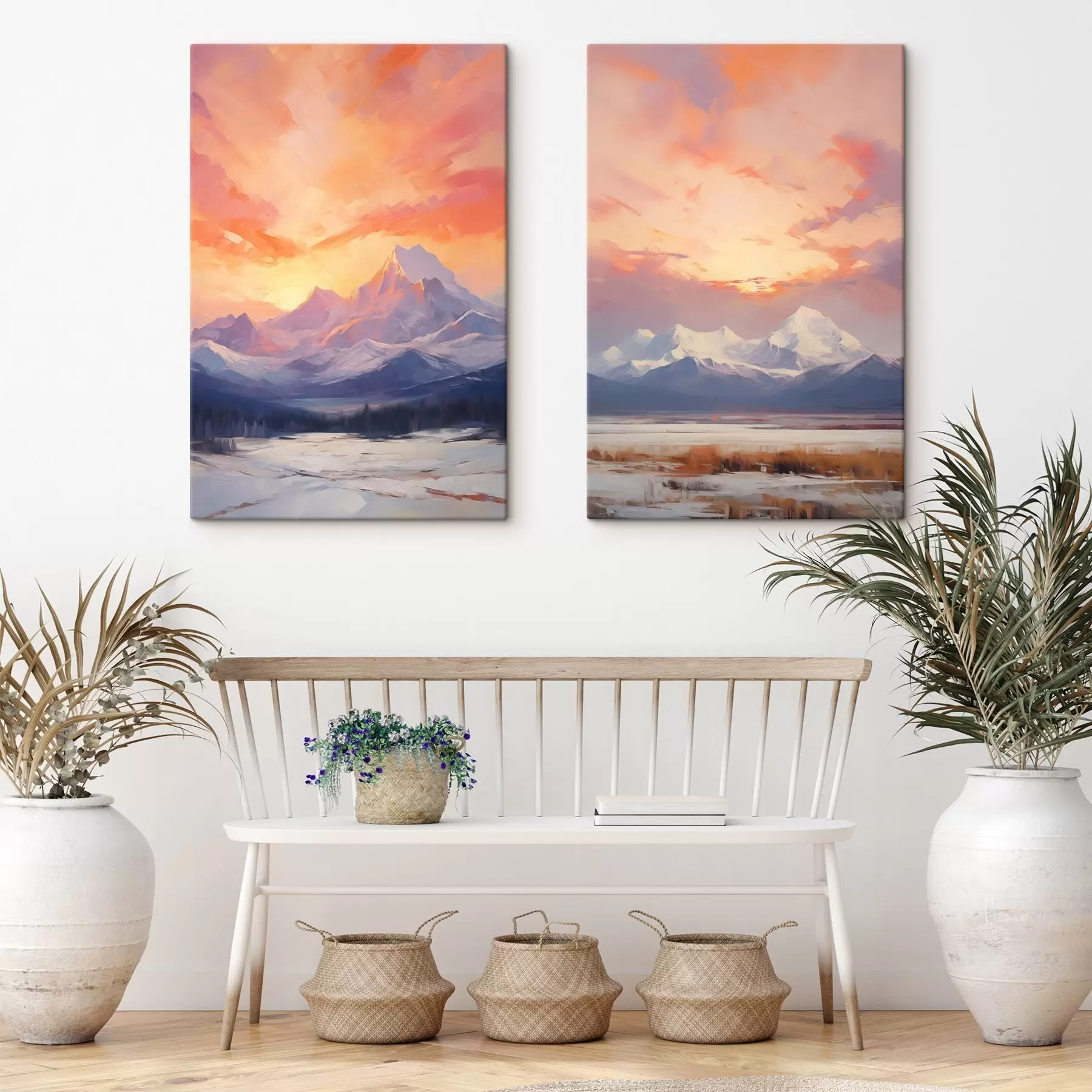 murales de pared Montañas nevadas bajo un cielo de vivos tonos naranjas y rosas salpicado de nubes m30321