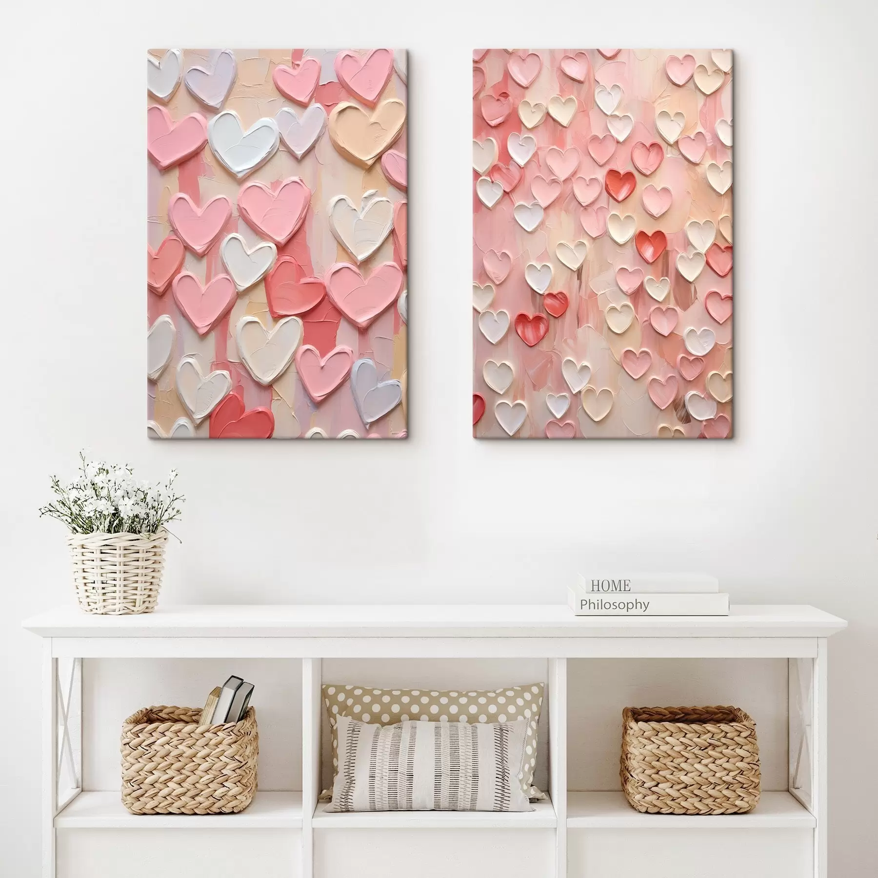 murales de pared Corazones en distintos tonos de melocotón y rosa, con un estilo texturizado y pintado m30326