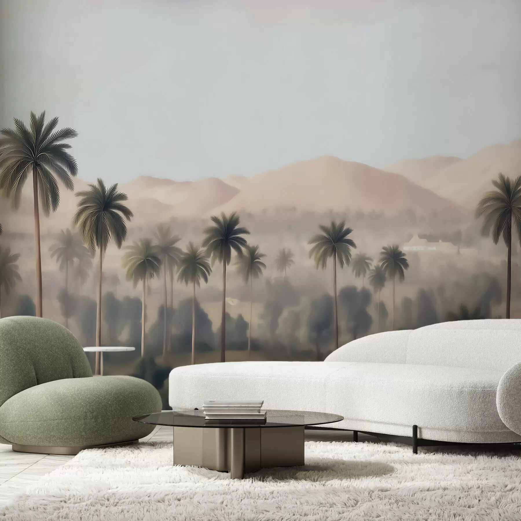 murales de pared Paisaje tropical con palmeras y montañas, panorámica de estilo vintage en tonos beige y verdes w09798