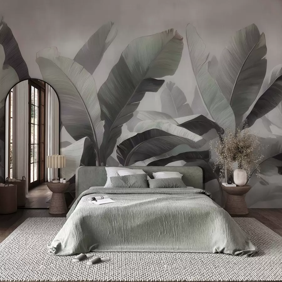 murales de pared Hojas de plátano tropicales de gran tamaño en una paleta neutra con suaves tonos gris verdosos w09805