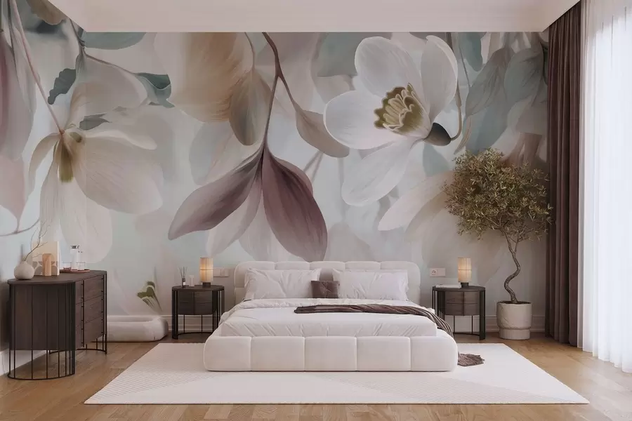 murales de pared una delicada composición de flores y hojas en tonos pastel w05240