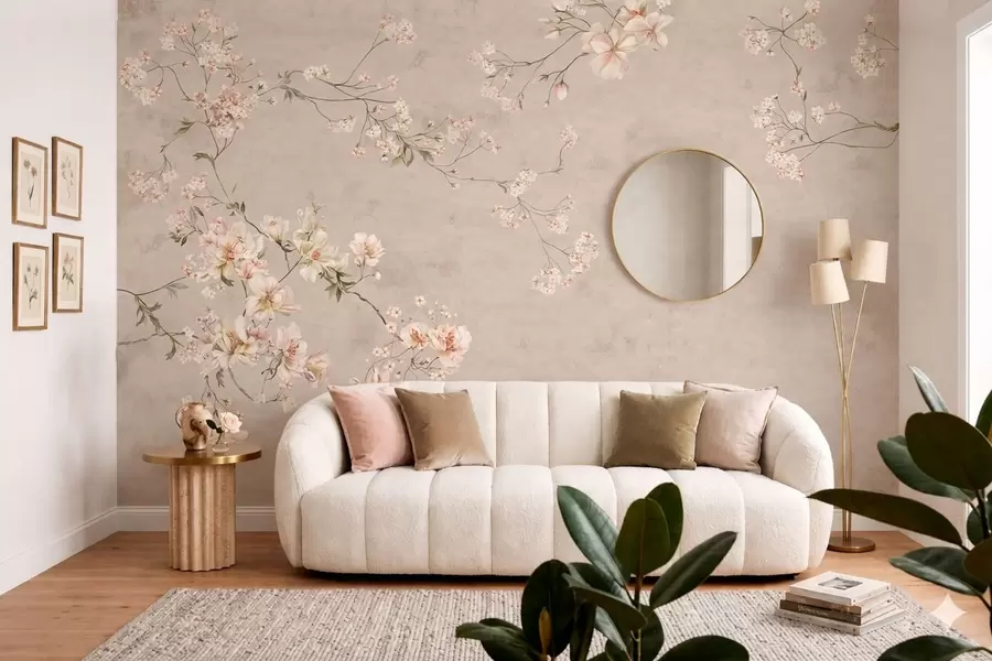 murales de pared Ramas florales delicadas de estilo chinoiserie sobre fondo claro w05427