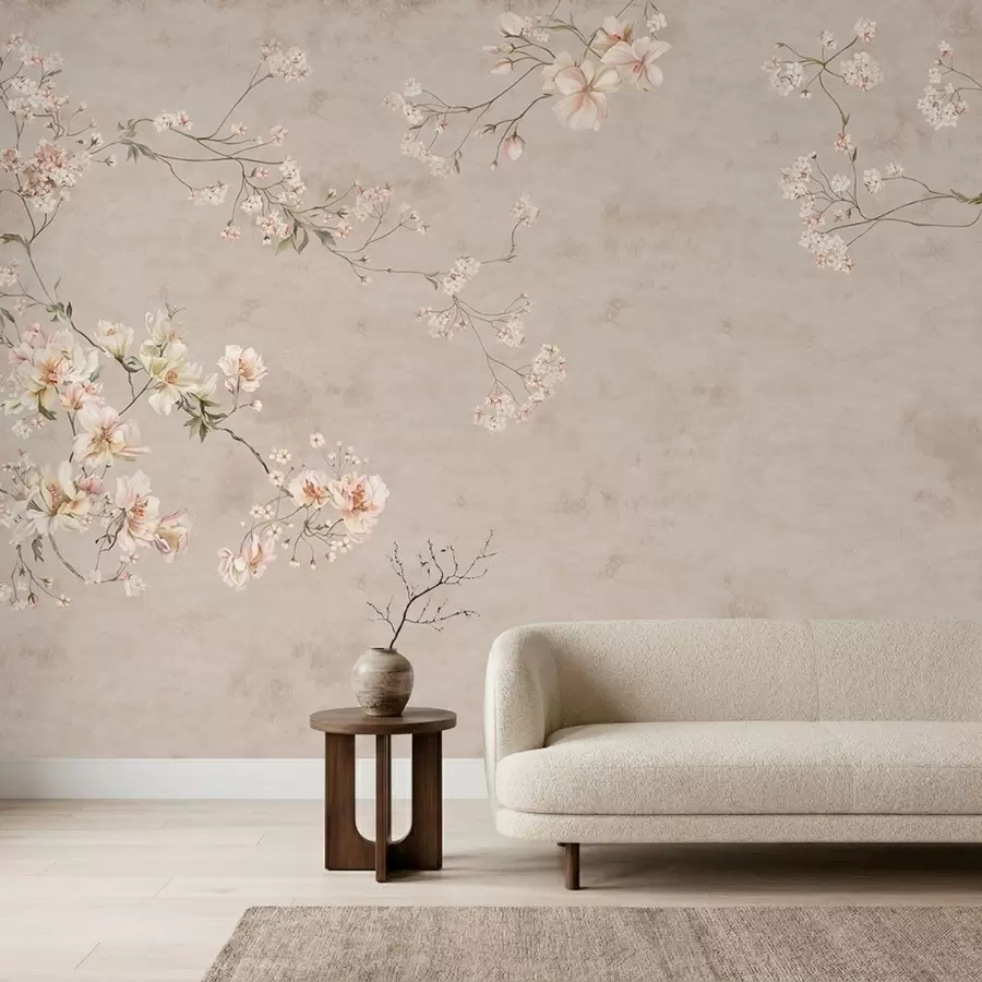 murales de pared Ramas florales delicadas de estilo chinoiserie sobre fondo claro w05427