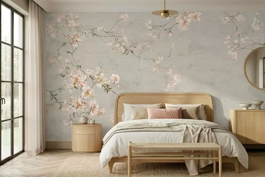 murales de pared Ramas florales de estilo chinoiserie sobre fondo gris w05427v1