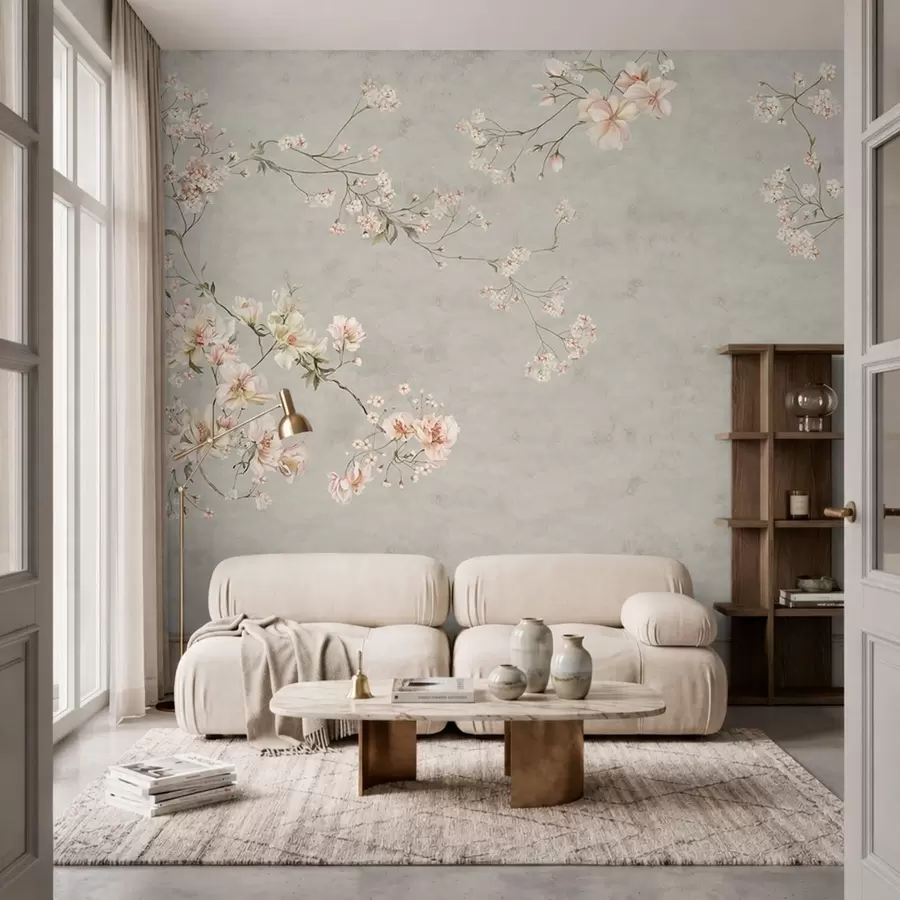 murales de pared Ramas florales de estilo chinoiserie sobre fondo gris w05427v1