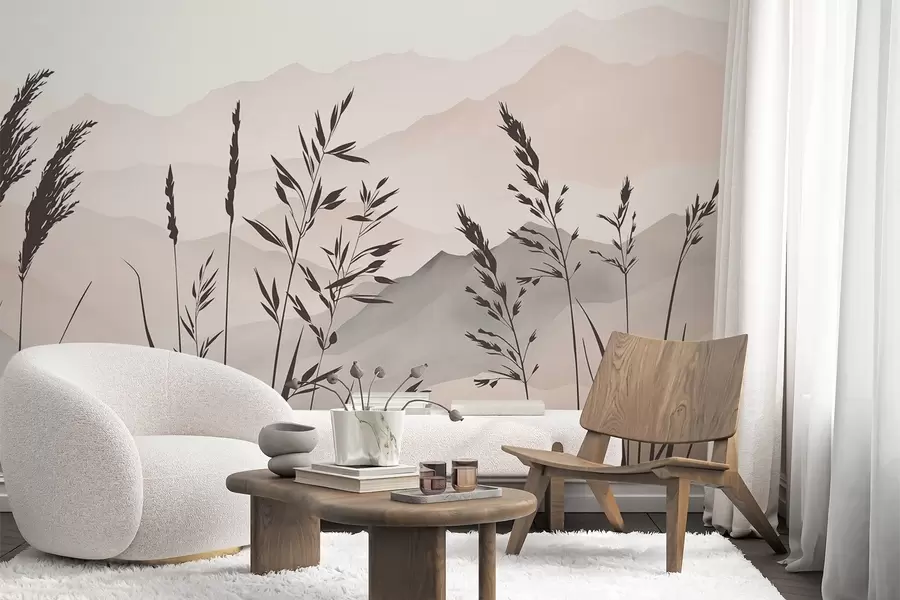 murales de pared Siluetas de hierba con las montañas de fondo w05501