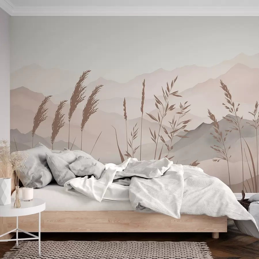 murales de pared Siluetas de hierba con las montañas de fondo w05501v1