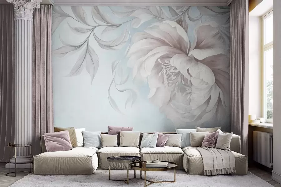 murales de pared Peonía grande y con relieve, de pétalos delicados y hojas grises, pintada con un estilo suave w09647v1