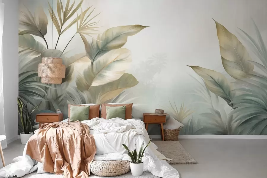 murales de pared Hojas tropicales grandes y con textura en tonos apagados de verde y beige, un ambiente selvático w09820