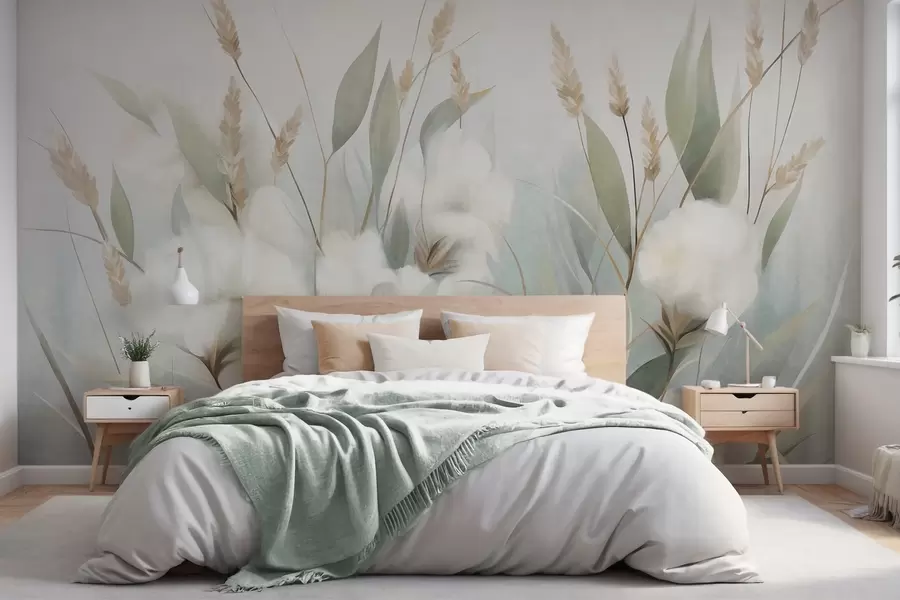 murales de pared Flores secas blancas y hierba alta sobre un fondo suave y tenue, pintadas en estilo impresionista w09823