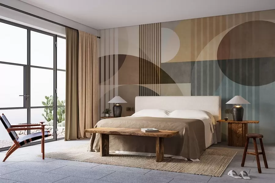 murales de pared Formas geométricas abstractas con círculos y líneas, tonos tierra apagados, composición con texturas y capas w09834