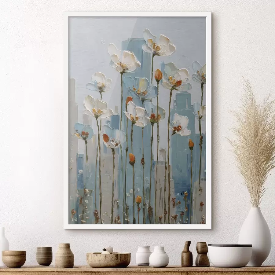 murales de pared flores con la ciudad de fondo, al estilo de una pintura al óleo f48785