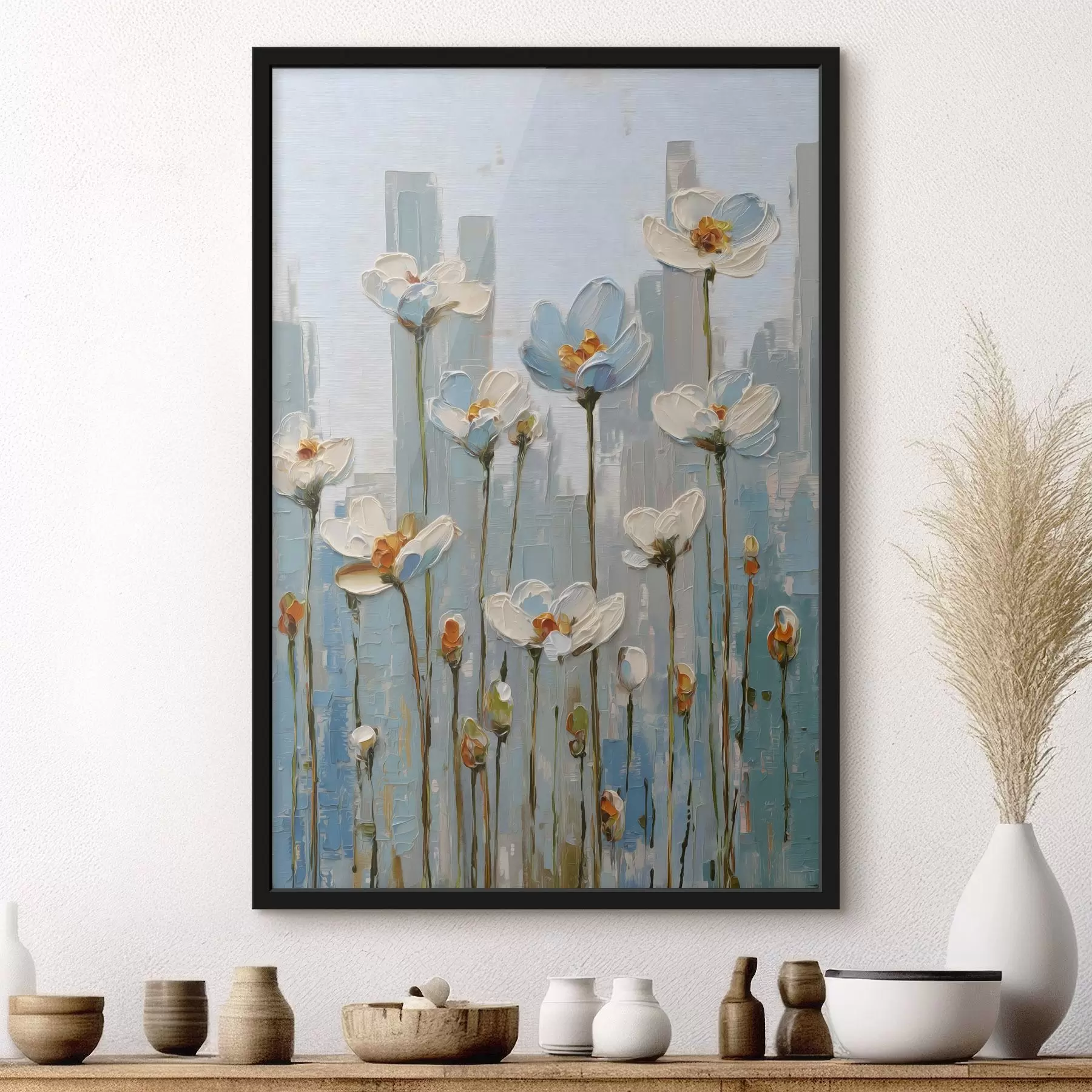 murales de pared flores con la ciudad de fondo, al estilo de una pintura al óleo f48786