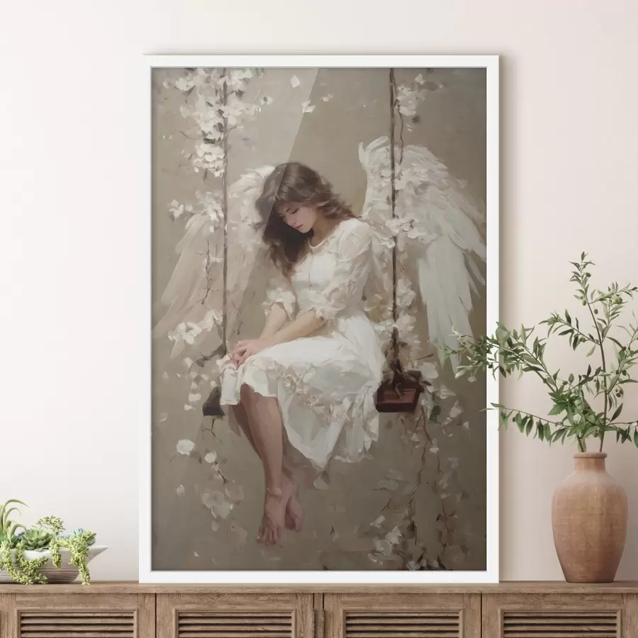 murales de pared una niña angelical en un columpio, pintada al óleo f48789