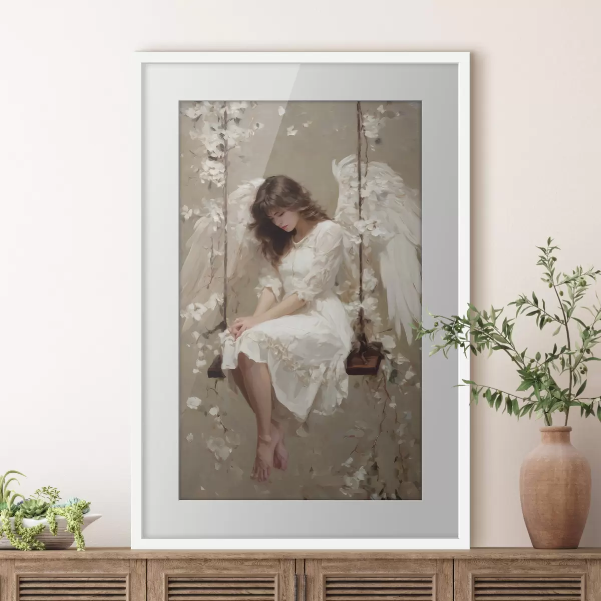 Poster una niña angelical en un columpio, pintada al óleo f48789