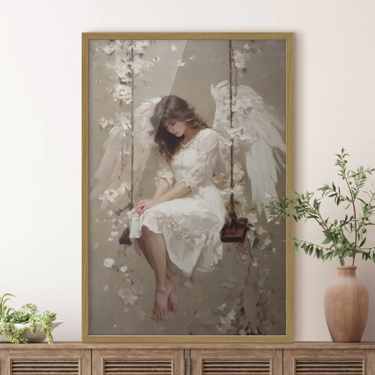 Poster una niña angelical en un columpio, pintada al óleo f48789