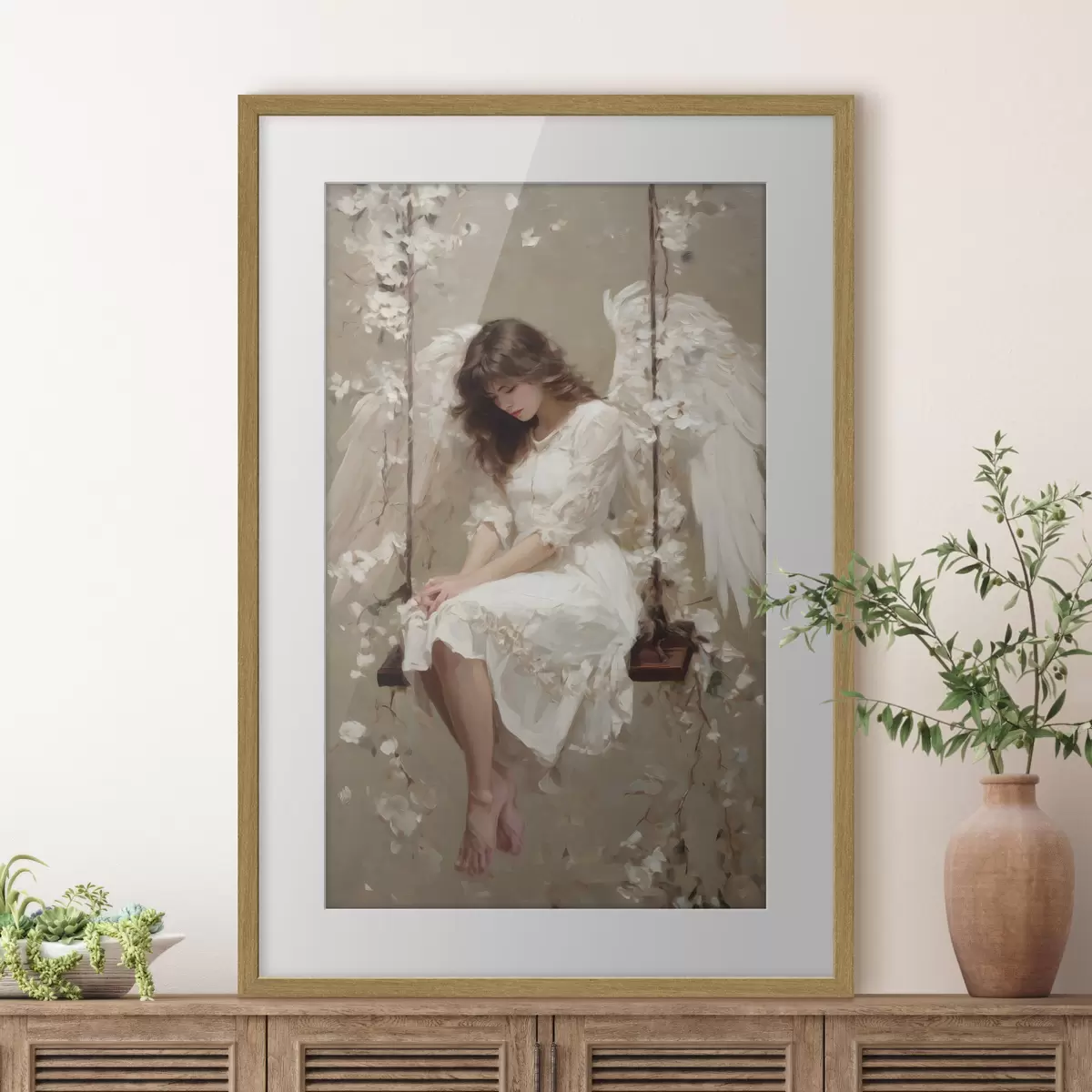 Poster una niña angelical en un columpio, pintada al óleo f48789