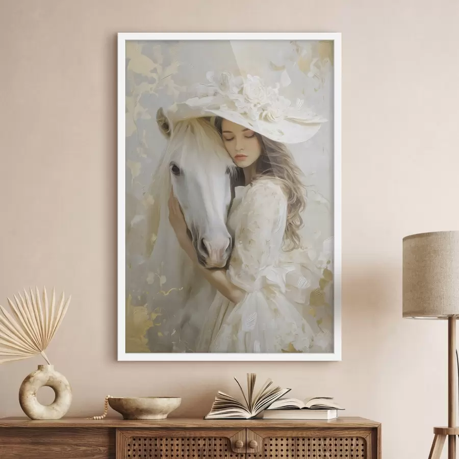 murales de pared una niña con un caballo blanco, pintada al óleo f48790