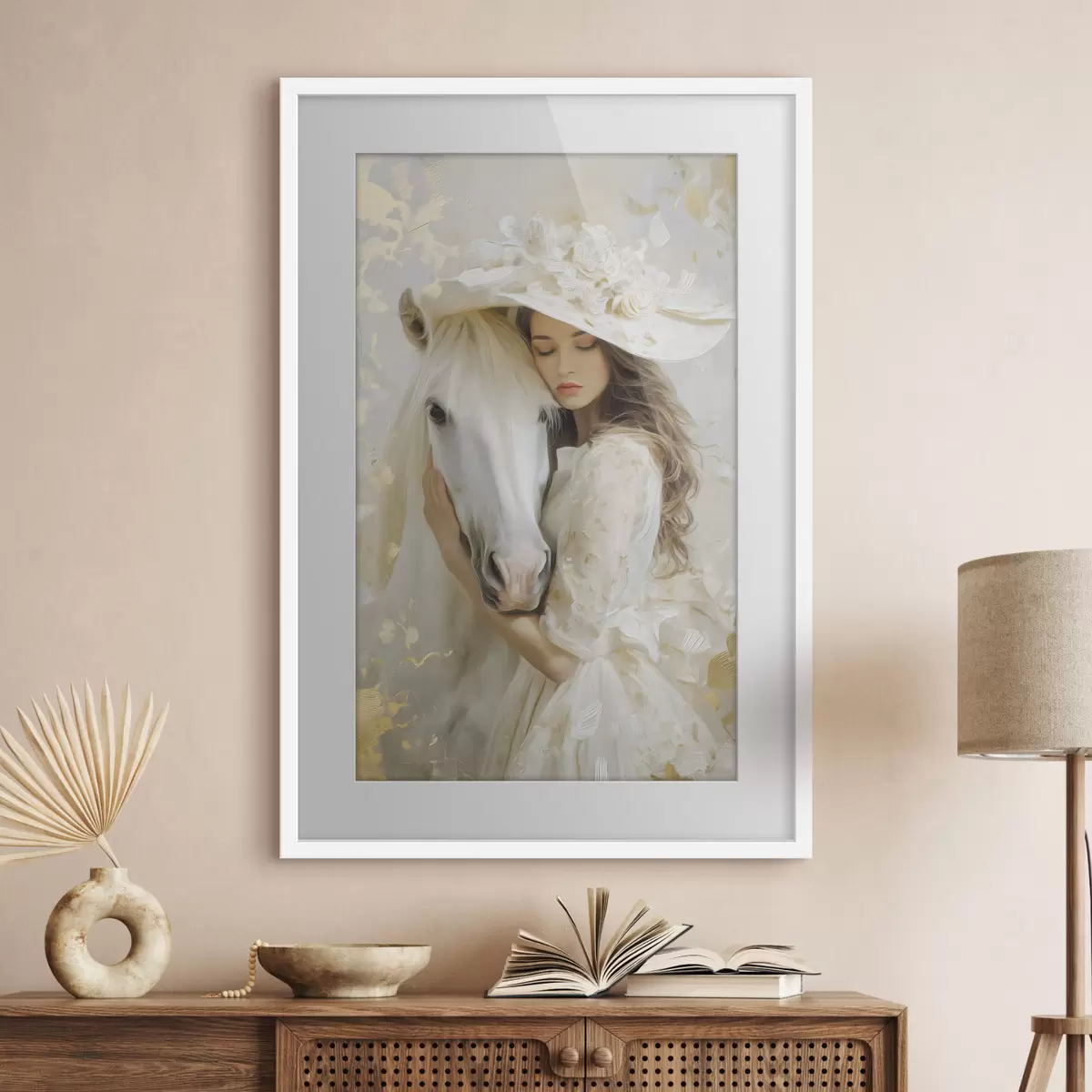 Poster una niña con un caballo blanco, pintada al óleo f48790