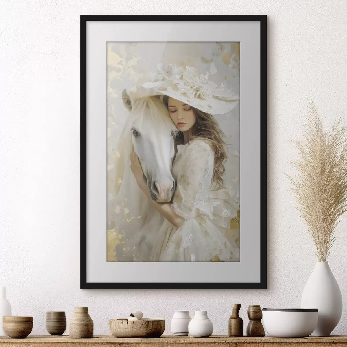 Poster una niña con un caballo blanco, pintada al óleo f48790