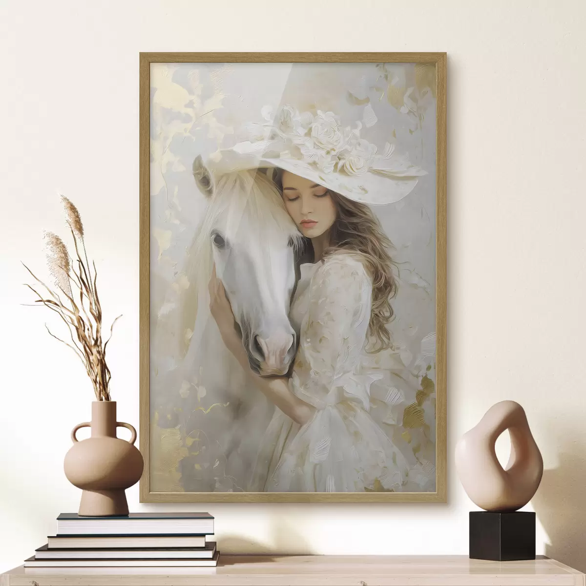 Poster una niña con un caballo blanco, pintada al óleo f48790