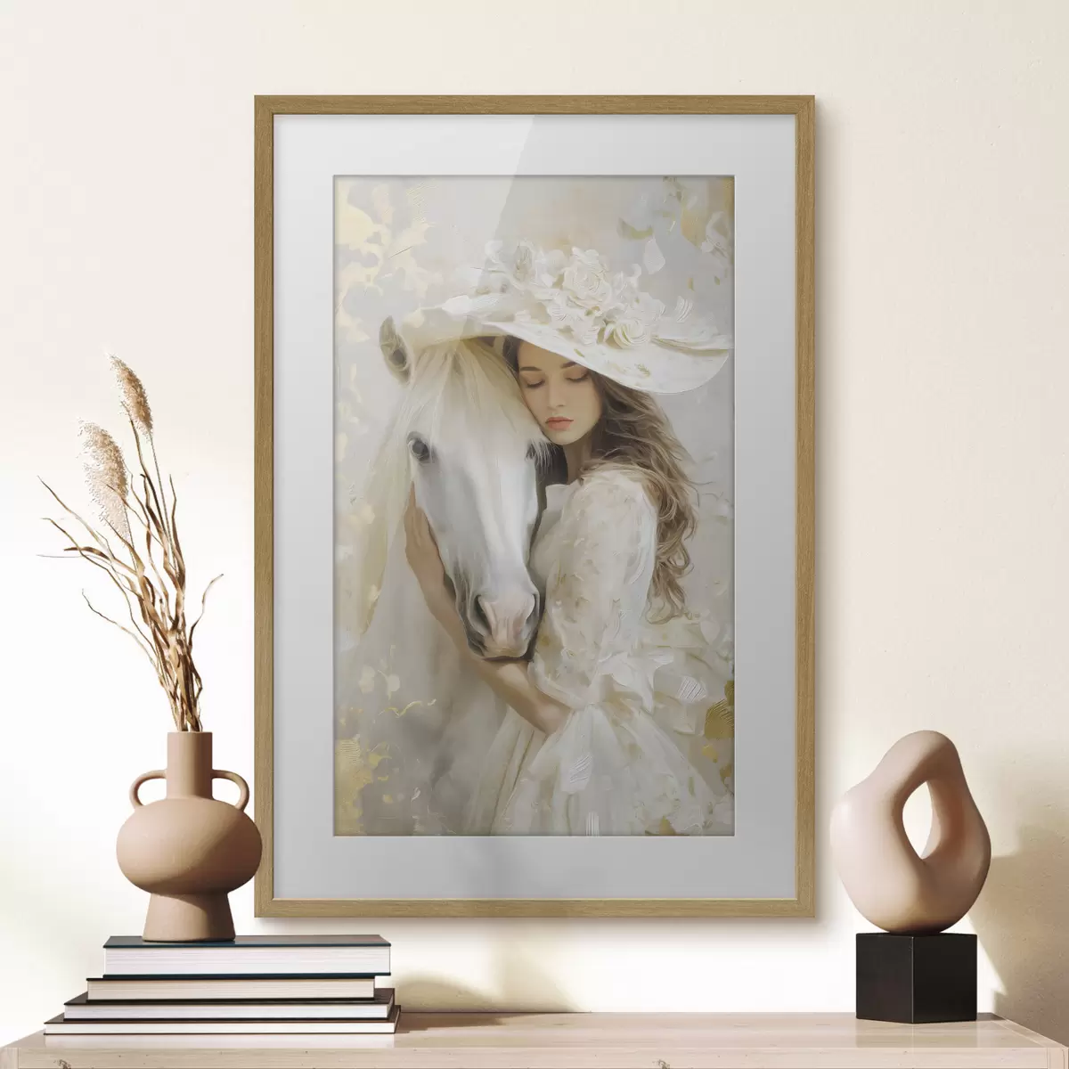 Poster una niña con un caballo blanco, pintada al óleo f48790