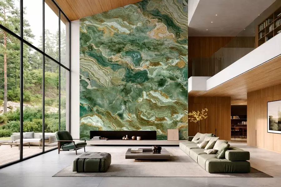 murales de pared Textura de ónix verde con vetas fluidas en capas w05429