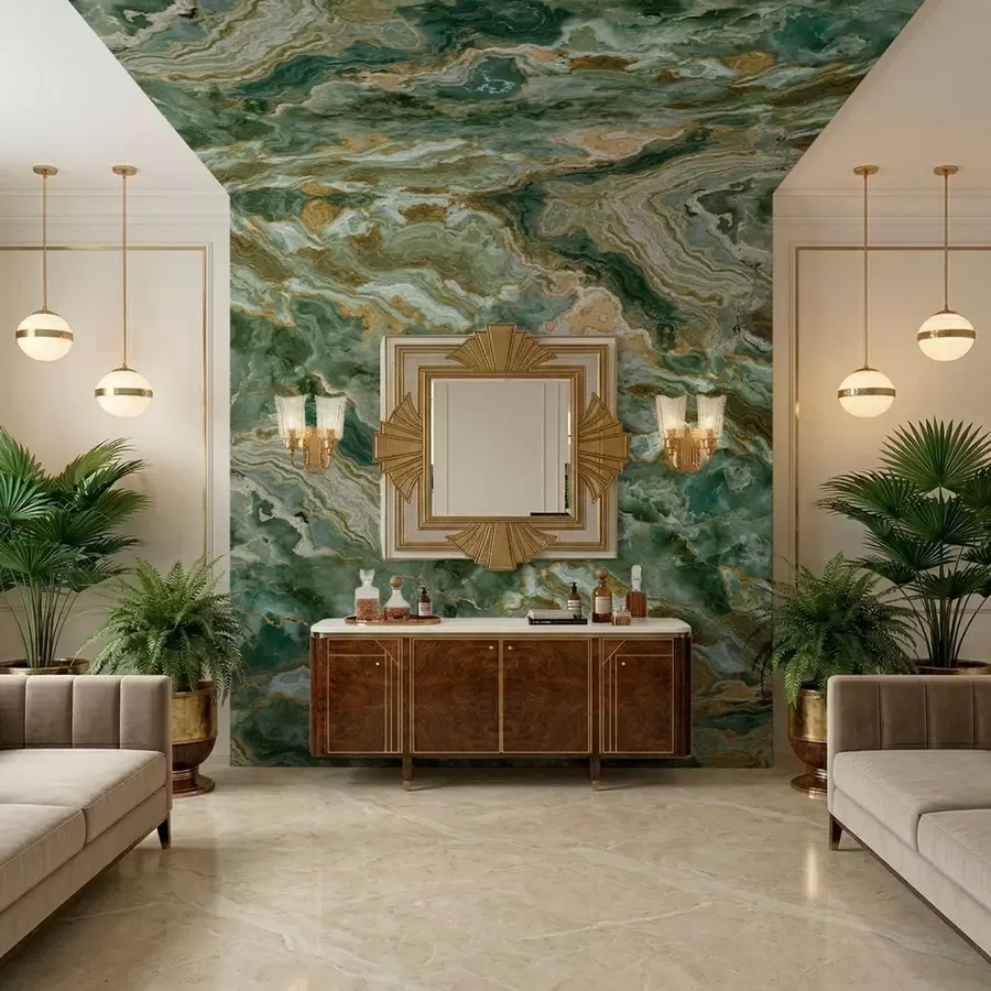 murales de pared Textura de ónix verde con vetas fluidas en capas w05429
