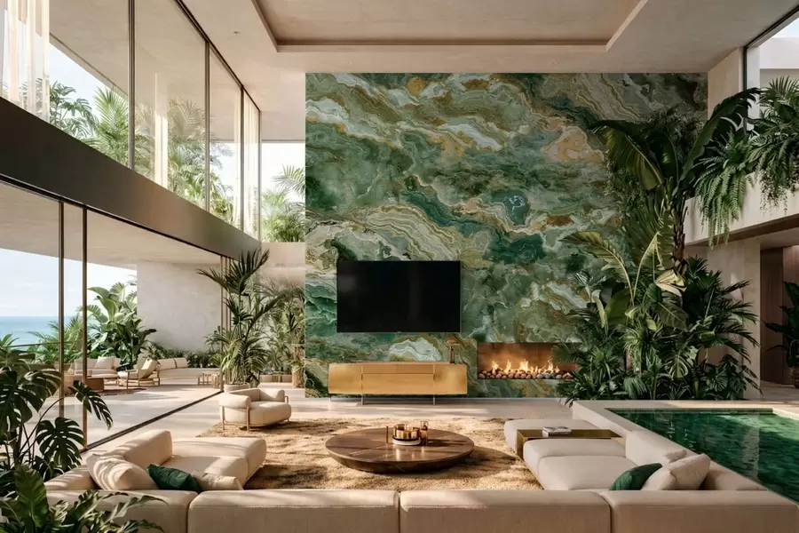 murales de pared Textura de ónix verde con vetas fluidas en capas w05429