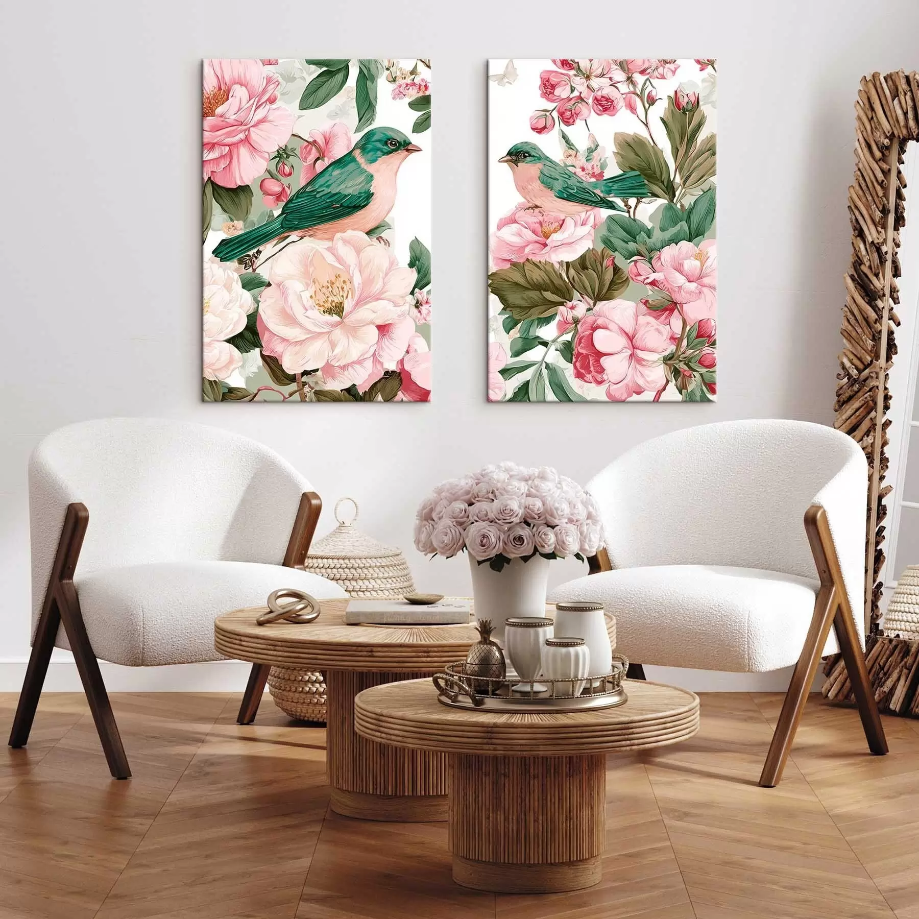 murales de pared Pájaros sobre delicadas flores rosas m30386