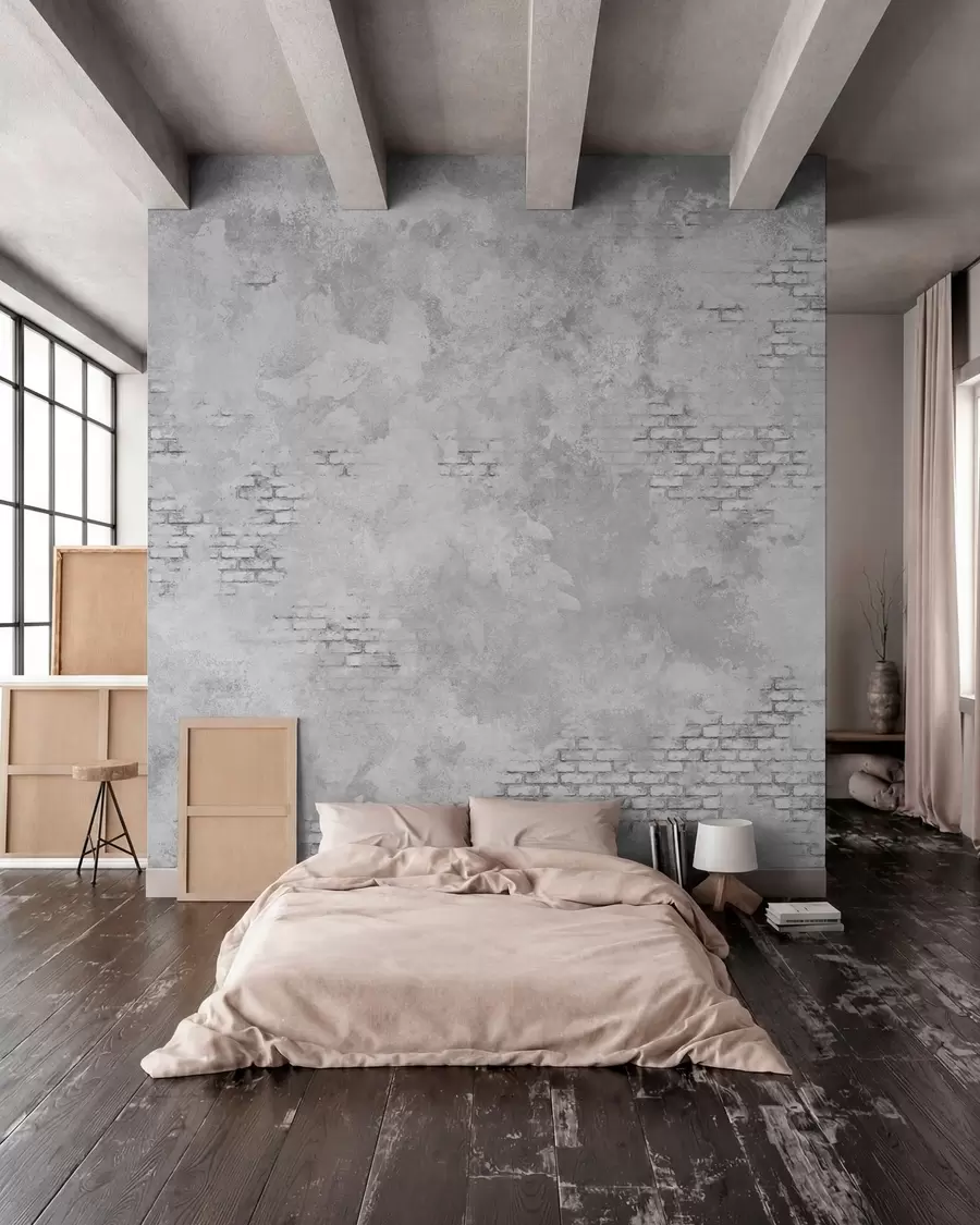 murales de pared Yeso gris de estilo grunge con zonas de ladrillo visto w05161v2
