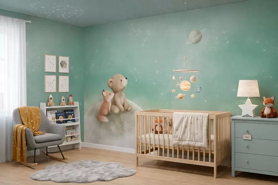 murales de pared Ilustración al pastel de un oso y un zorro bajo un cielo verde w05431v1
