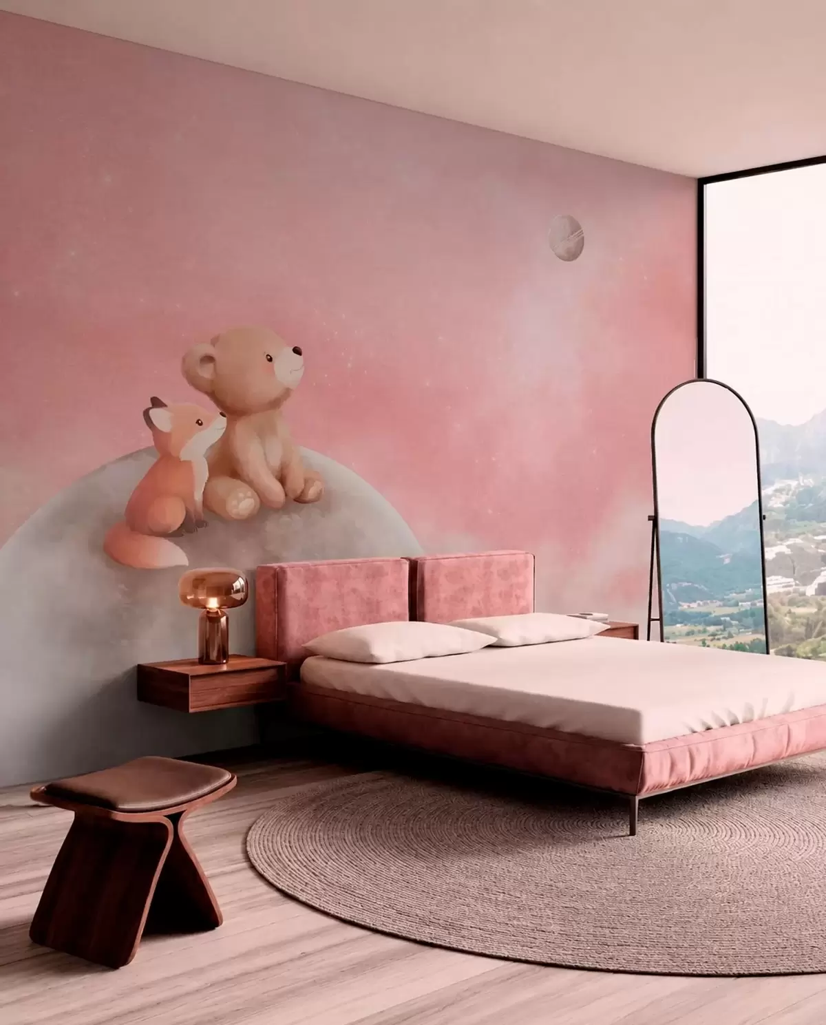 murales de pared Amigos lunares en cielo rosa w05431v2