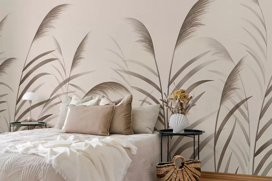murales de pared Siluetas minimalistas de caña en tonos beige w05432