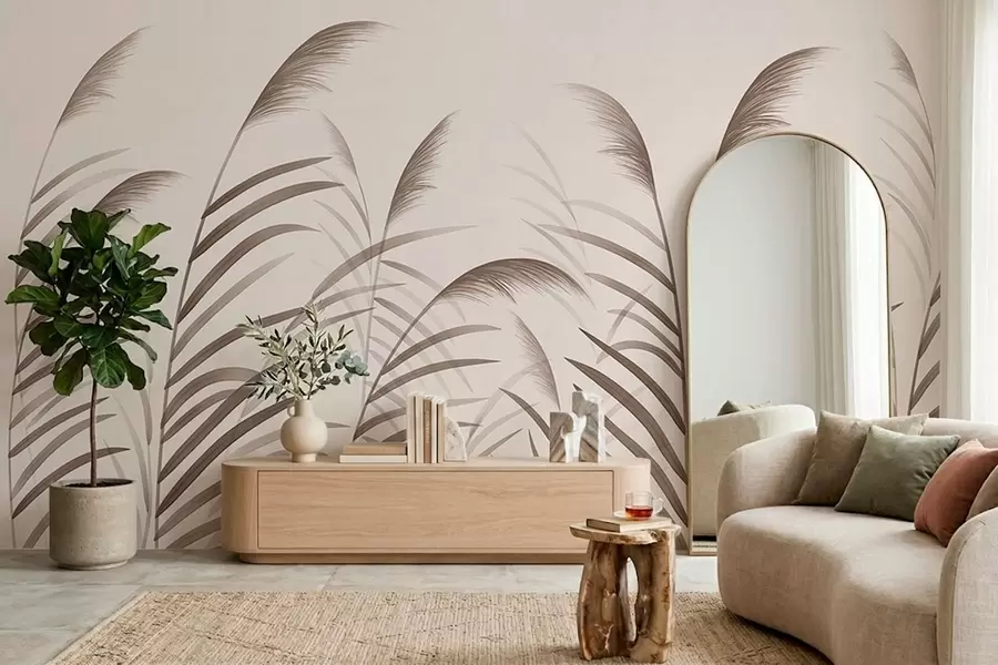 murales de pared Siluetas minimalistas de caña en tonos beige w05432