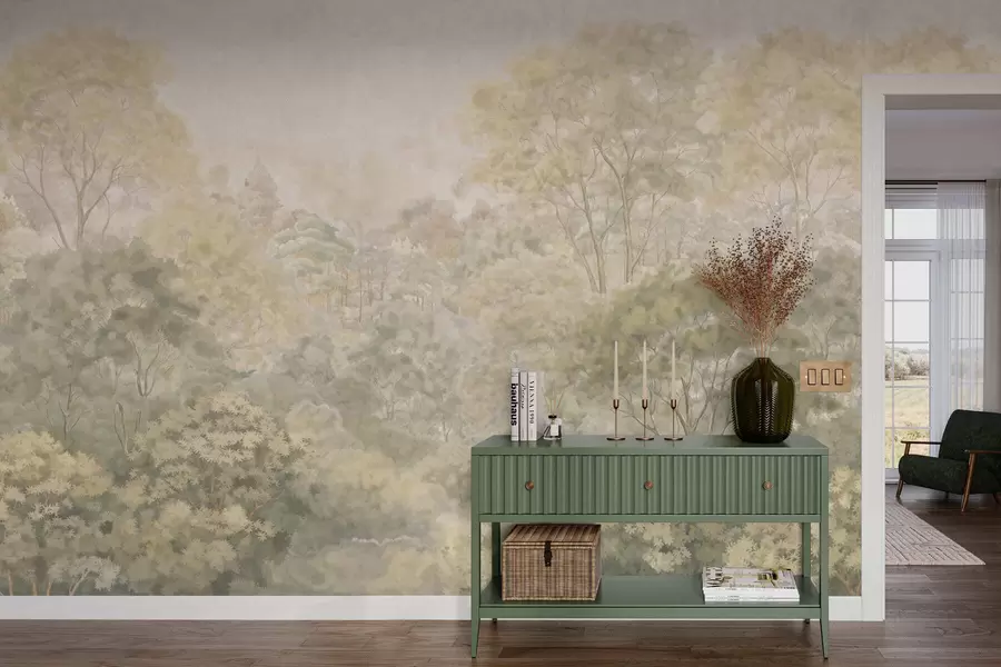 murales de pared Paisaje forestal de estilo vintage en tonos verdes apagados w05433