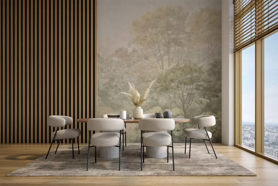 murales de pared Paisaje forestal de estilo vintage en tonos verdes apagados w05433